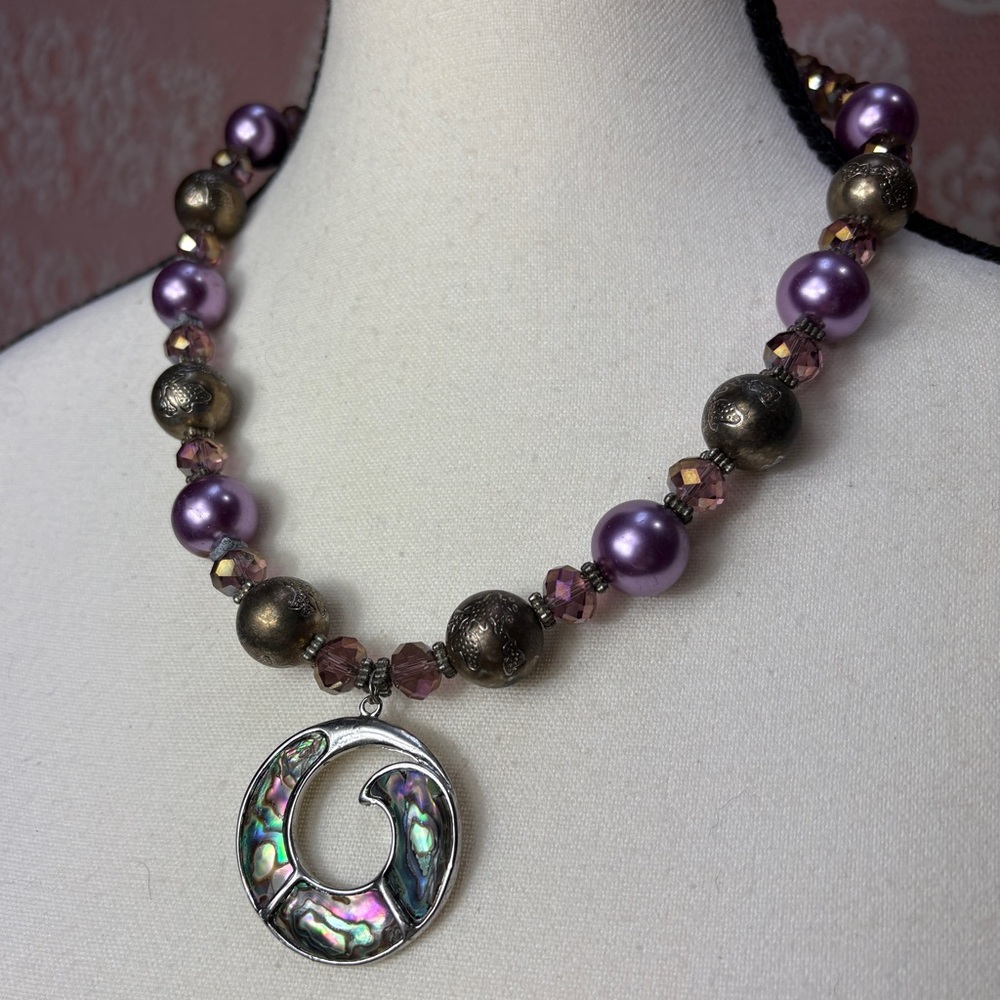 Purple Beaded Necklace with Abalone Pendant